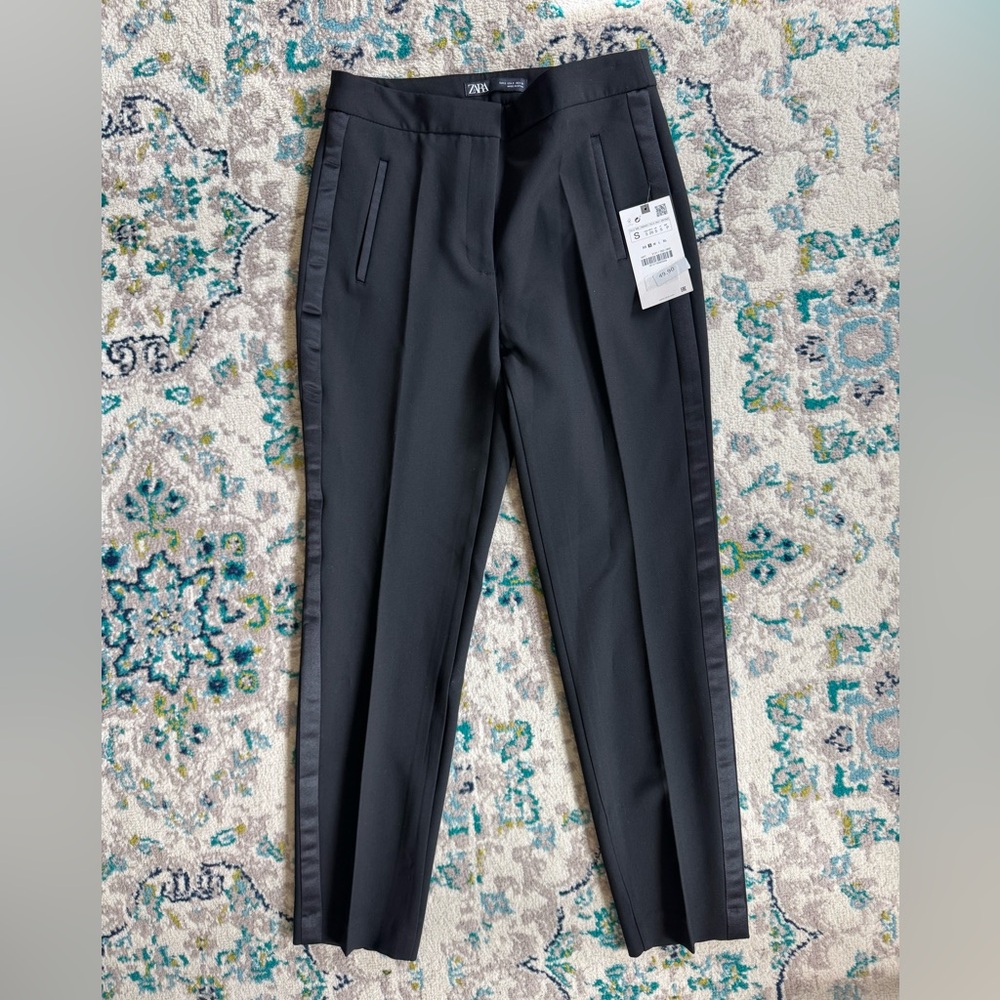 Zara Black Tailored Dress Pants with Satin Stripe